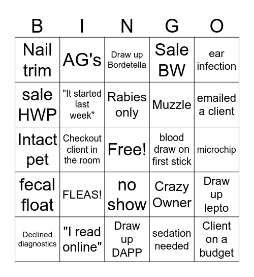 Vet Tech Bingo Card