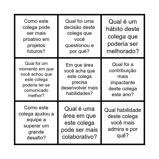 Peer Feedback Bingo Card