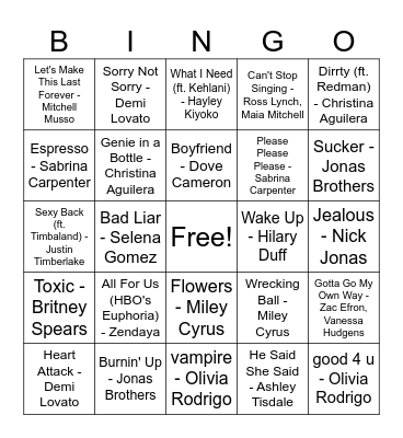 DISNEY CHANNEL STARS Bingo Card