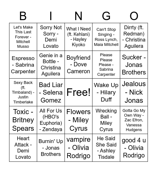 DISNEY CHANNEL STARS Bingo Card