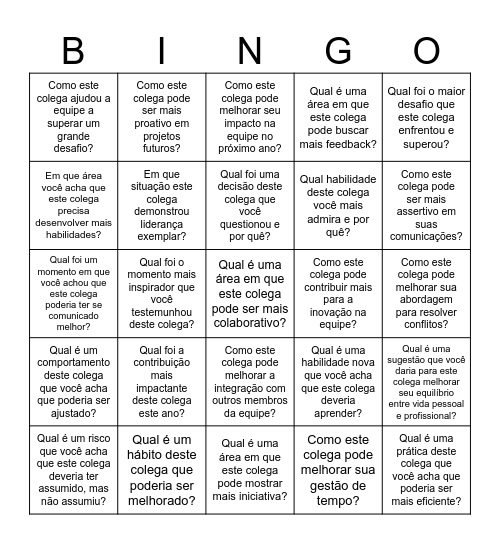 Peer Feedback BINGO Card