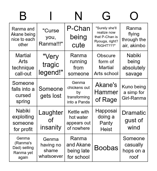 The ultimate Ranma ½ Bingo! Bingo Card