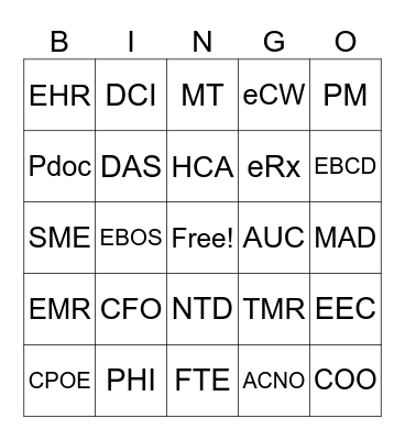 HCA Acronyms Bingo Card