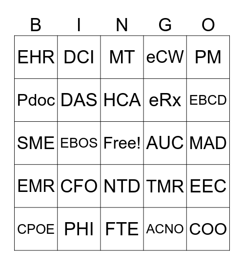 HCA Acronyms Bingo Card