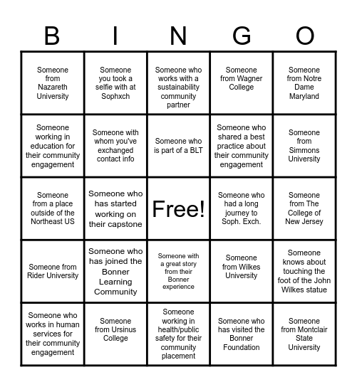 2025 Mid-Atlantic Bonner Sophomore Exchange Bingo Card