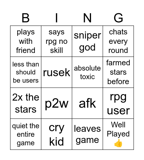 rivals bingo Card
