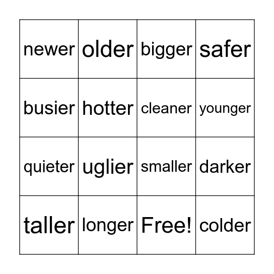 Comparatives Bingo Card