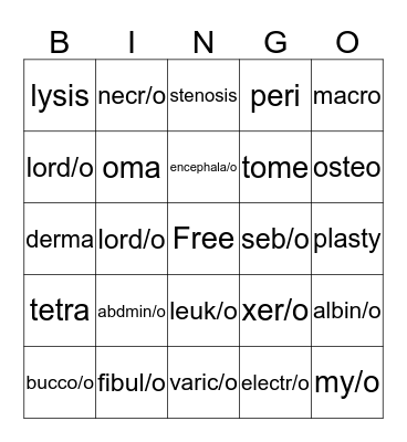 Medical Terminilogy Bingo Card