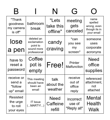 General Office Bingo Card