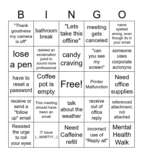 General Office Bingo Card