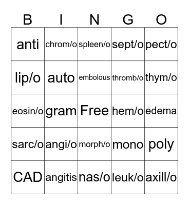 Medical Terminology  Bingo Card