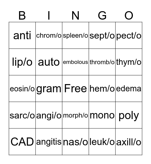 Medical Terminology  Bingo Card