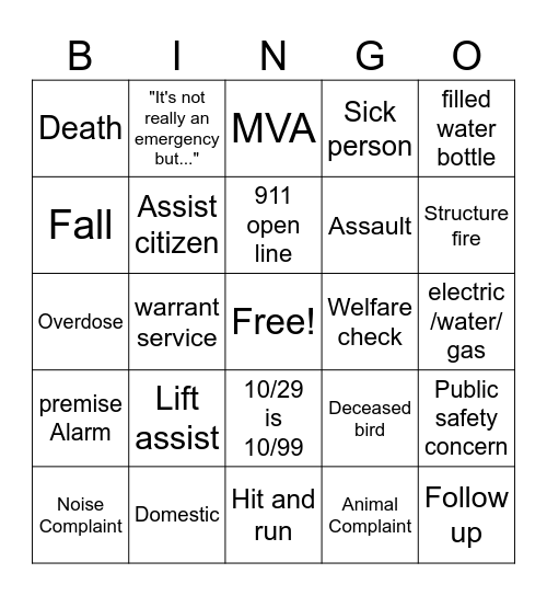 911 Bingo Card