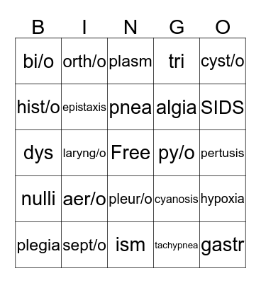 Medical Terminology Bingo Card