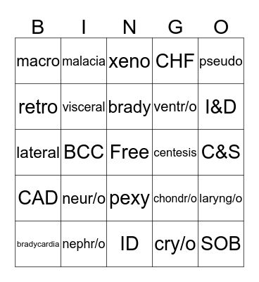 Medical Terminology Bingo Card