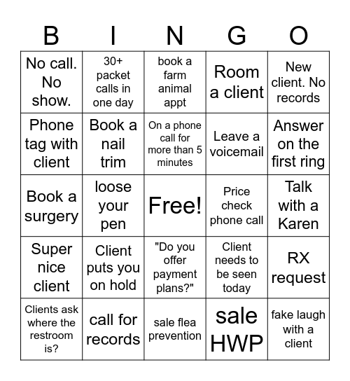 Vet Receptionist Bingo Card