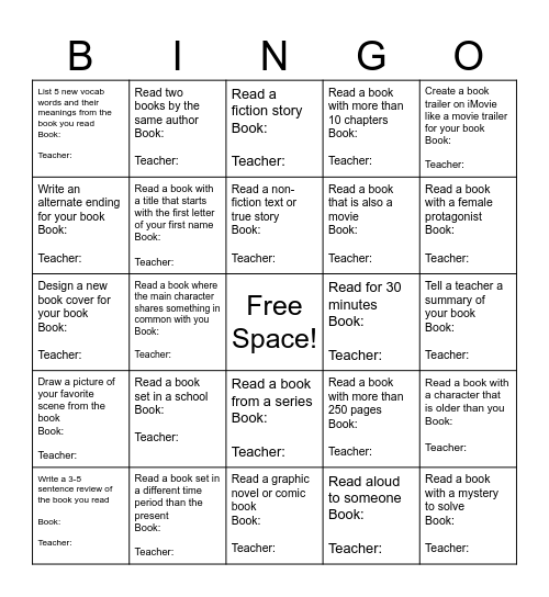 Orange Team Independent Reading Bingo Card