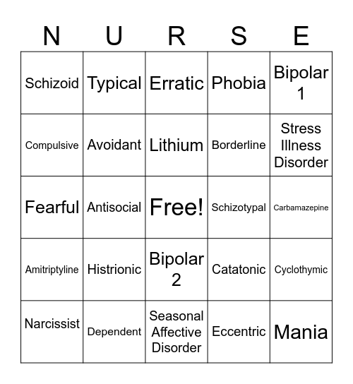 Personality Disorder Bingo Card