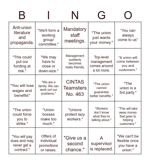 Union Busting Bingo Card