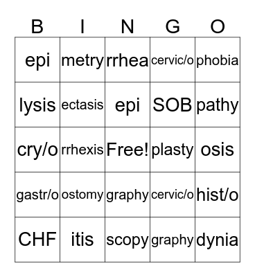 Medical Terminology Bingo Card