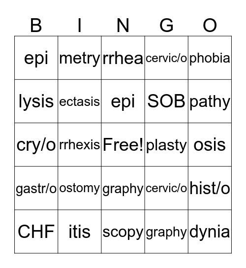 Medical Terminology Bingo Card