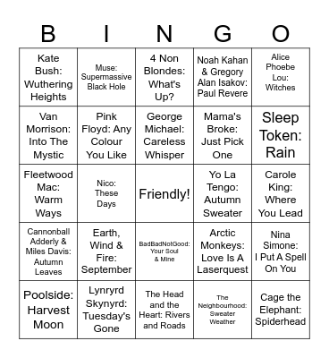 FH Fall Playlist Bingo Card
