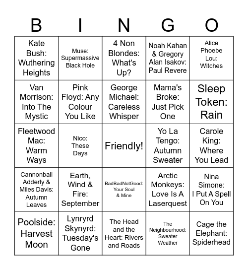 FH Fall Playlist Bingo Card