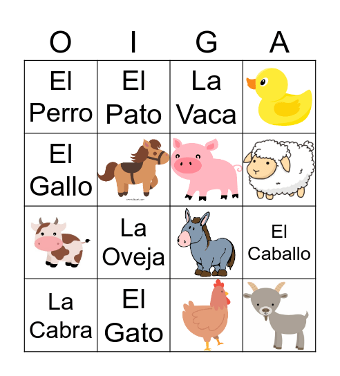 BINGO de Animales De Granja Bingo Card