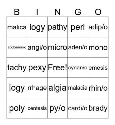 Medical Terminology Bingo Card