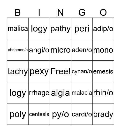 Medical Terminology Bingo Card