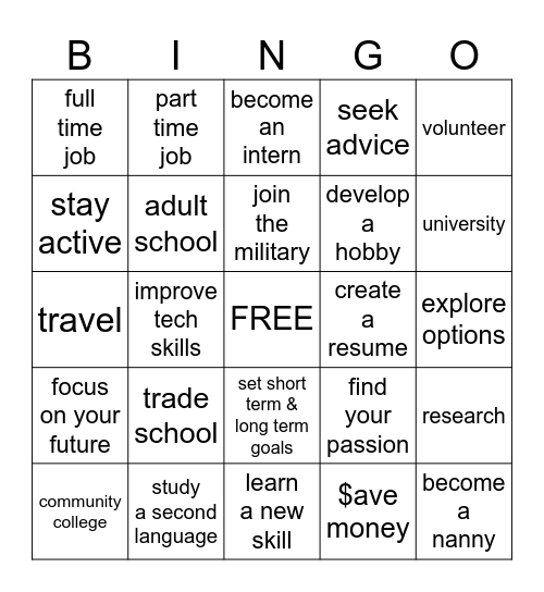 Life After High School Bingo Card