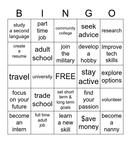 Life After High School Bingo Card