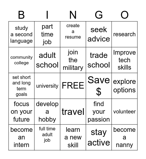 Life After High School Bingo Card