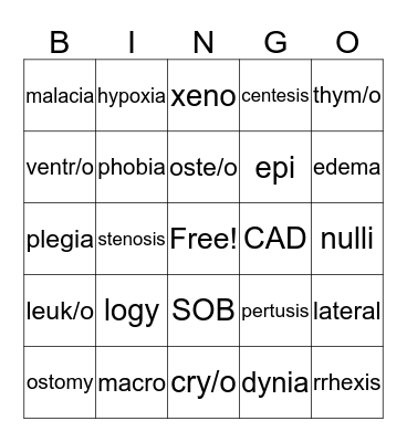 Medical Terminology Bingo Card