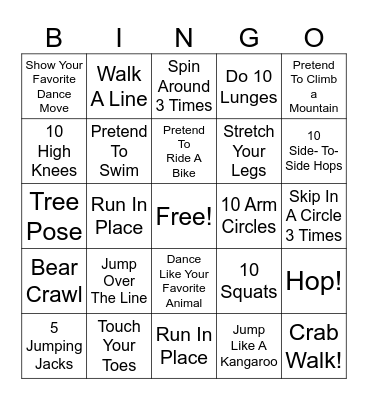 Exercise Bingo Card