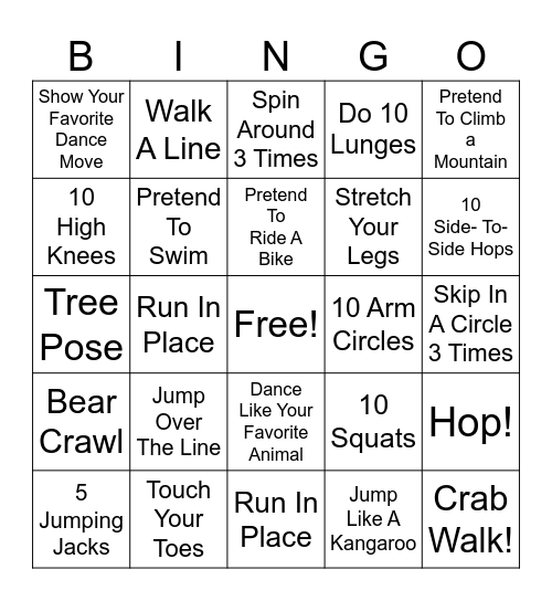 Exercise Bingo Card