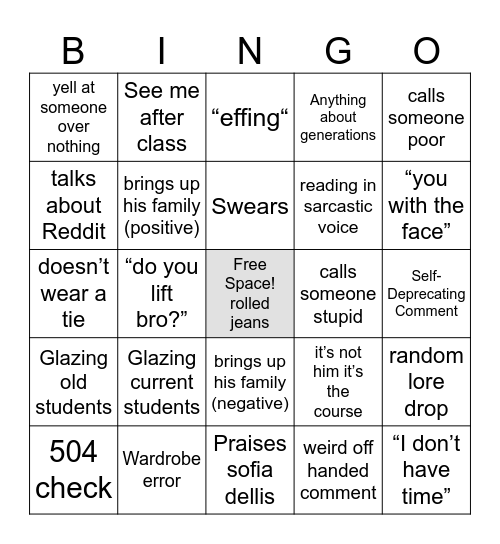 Mr. Vanian Class Bingo Card