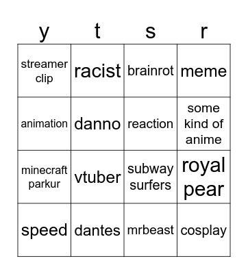 youtube shorts Bingo Card