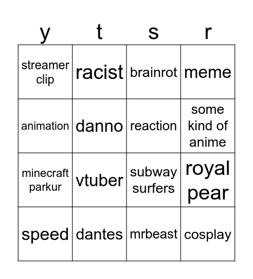 youtube shorts Bingo Card