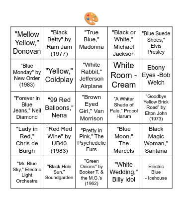 SONGS WITH COLORS IN THE TITLE Bingo Card