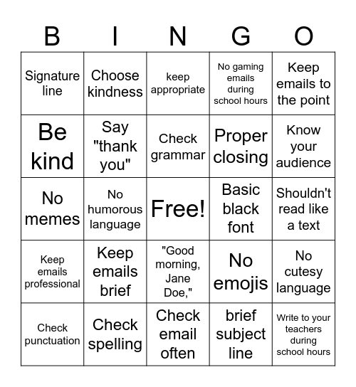 Email Etiquette Bingo Card