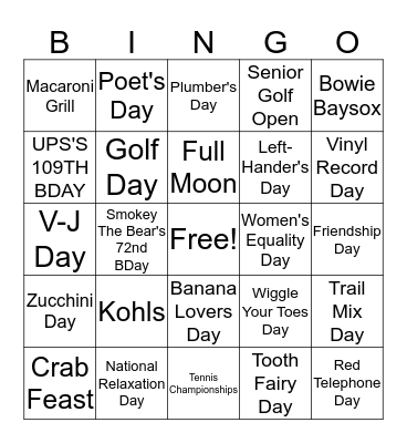 August Happenings Bingo Card