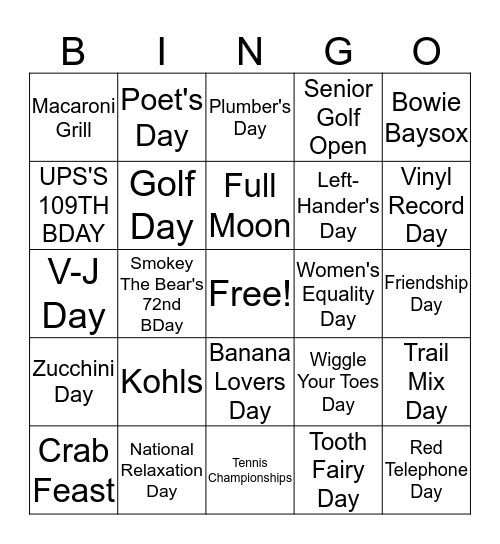 August Happenings Bingo Card