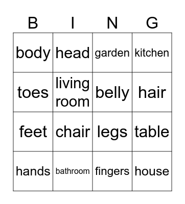 Parts of the house and body Bingo Card