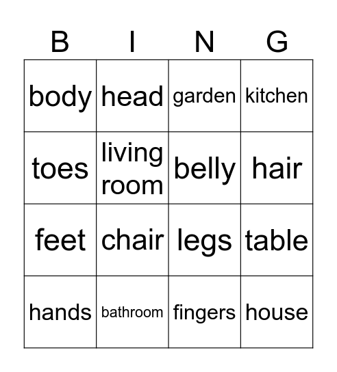 Parts of the house and body Bingo Card