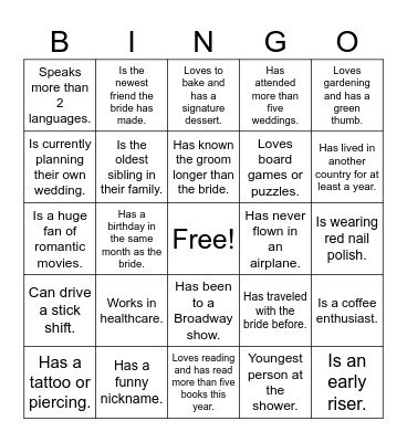Syboney's Bridal Shower Bingo Card
