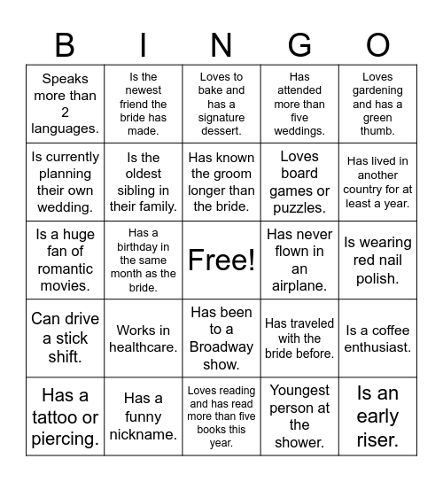 Syboney's Bridal Shower Bingo Card