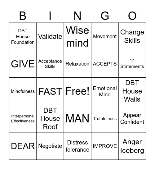 DBT Skills Bingo Card