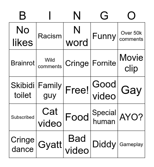 YouTube bingo Card