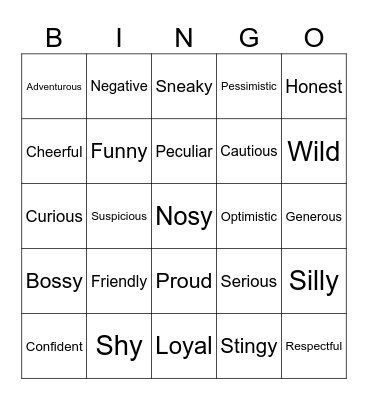 Character Traits Bingo Card